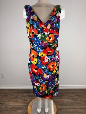 Lauren Ralph Lauren Multicolor Poppy Floral Faux Wrap Midi Dress 8